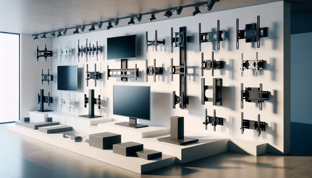 Various types of TV mounts displayed, including fixed, tilt, full-motion, and ceiling mounts.