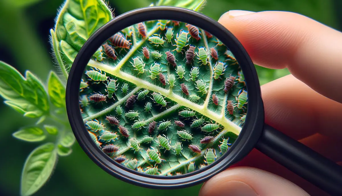 A magnifying glass focused on tiny green, black, brown, or pink aphids clustered together on the underside of a tomato plant leaf