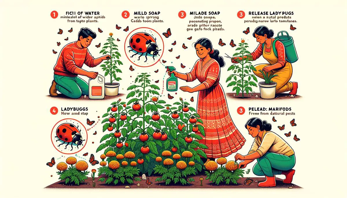 Image showing different natural remedies and methods for combating aphids on tomato plants