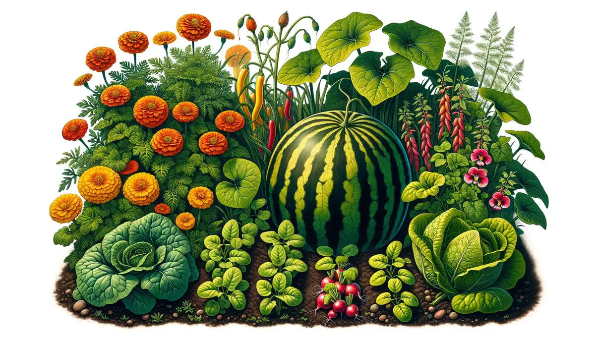 An image showing a variety of companion plants like marigolds, nasturtiums, radishes, bush beans, lettuce, and spinach growing together in a garden to support the growth of watermelons