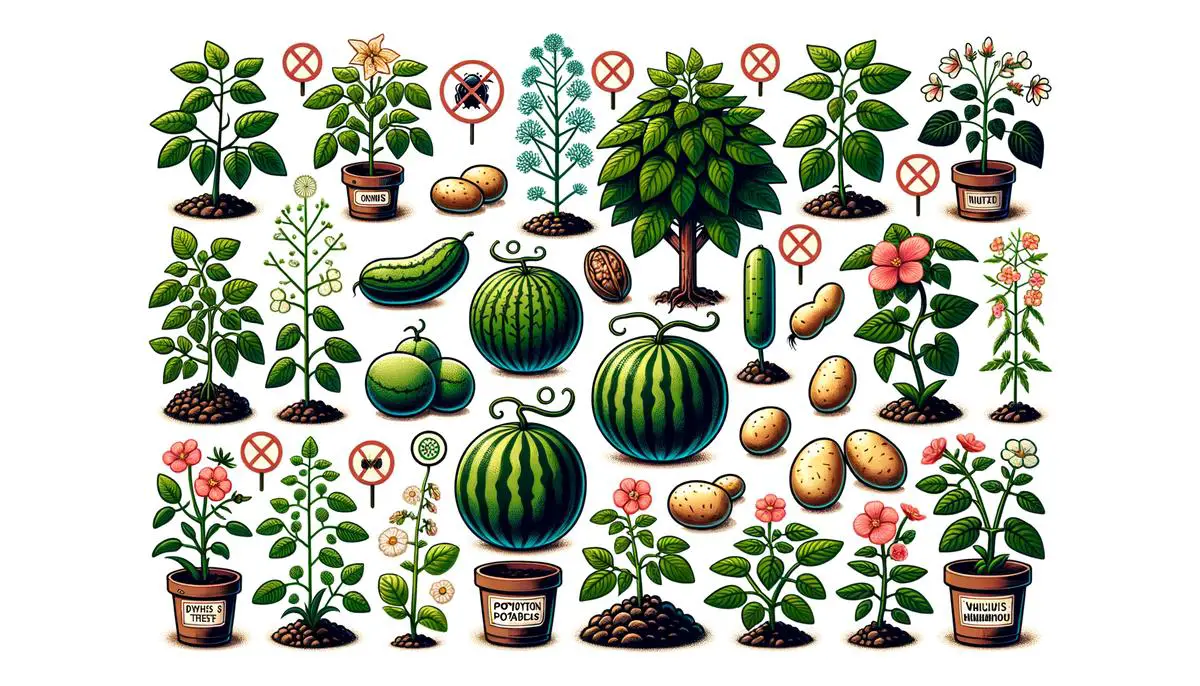Illustration of various plants not suitable to be planted near watermelons