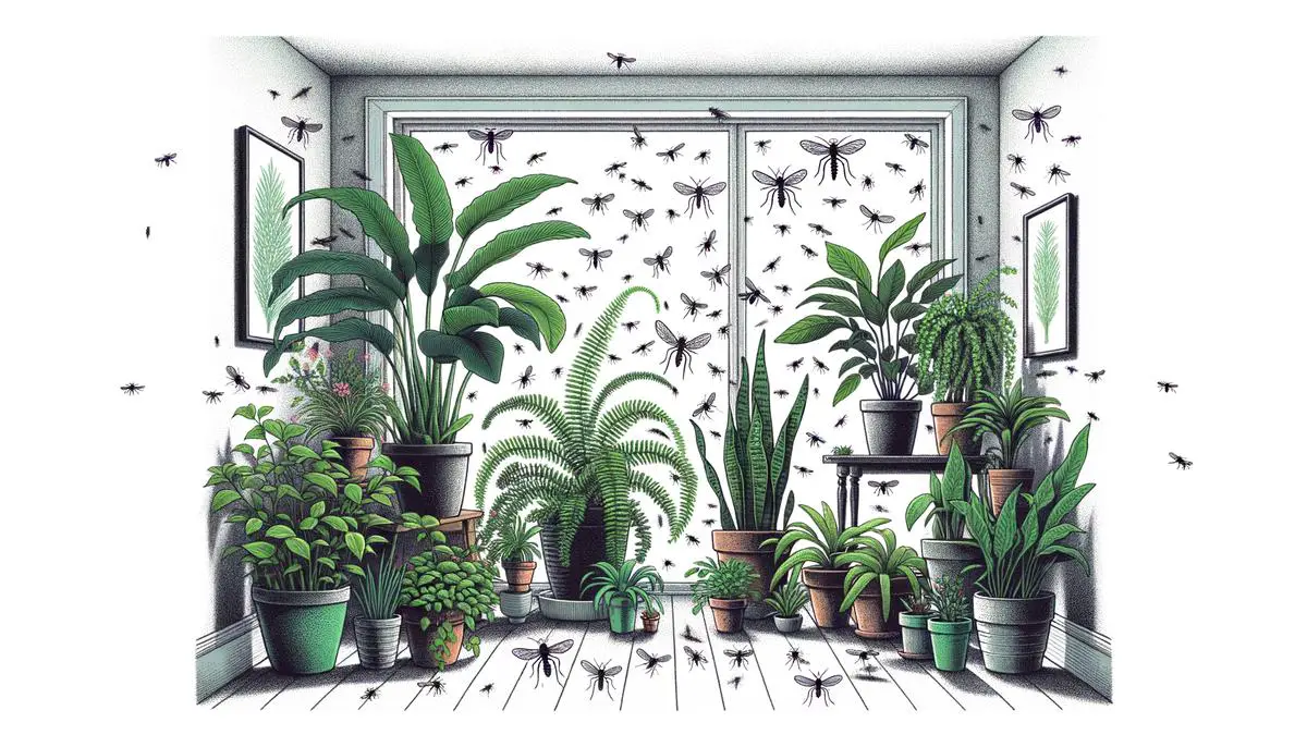 Image of tiny black gnats flying around indoor plants, indicating a possible infestation