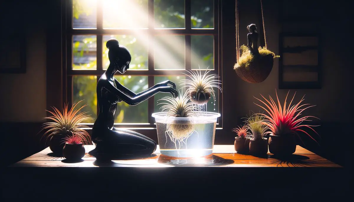 An image of a person gently soaking air plants in a container of water, with sunlight streaming in through a window in the background