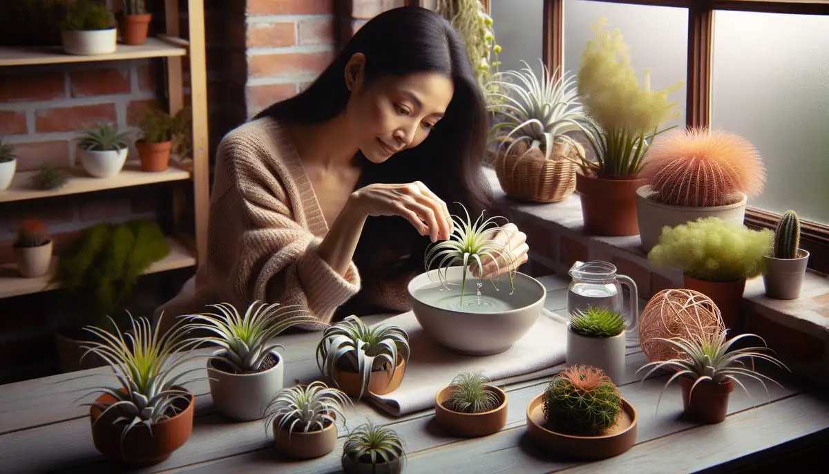 A realistic image of a person gently soaking an air plant in a bowl of water, surrounded by other air plants on a bright windowsill