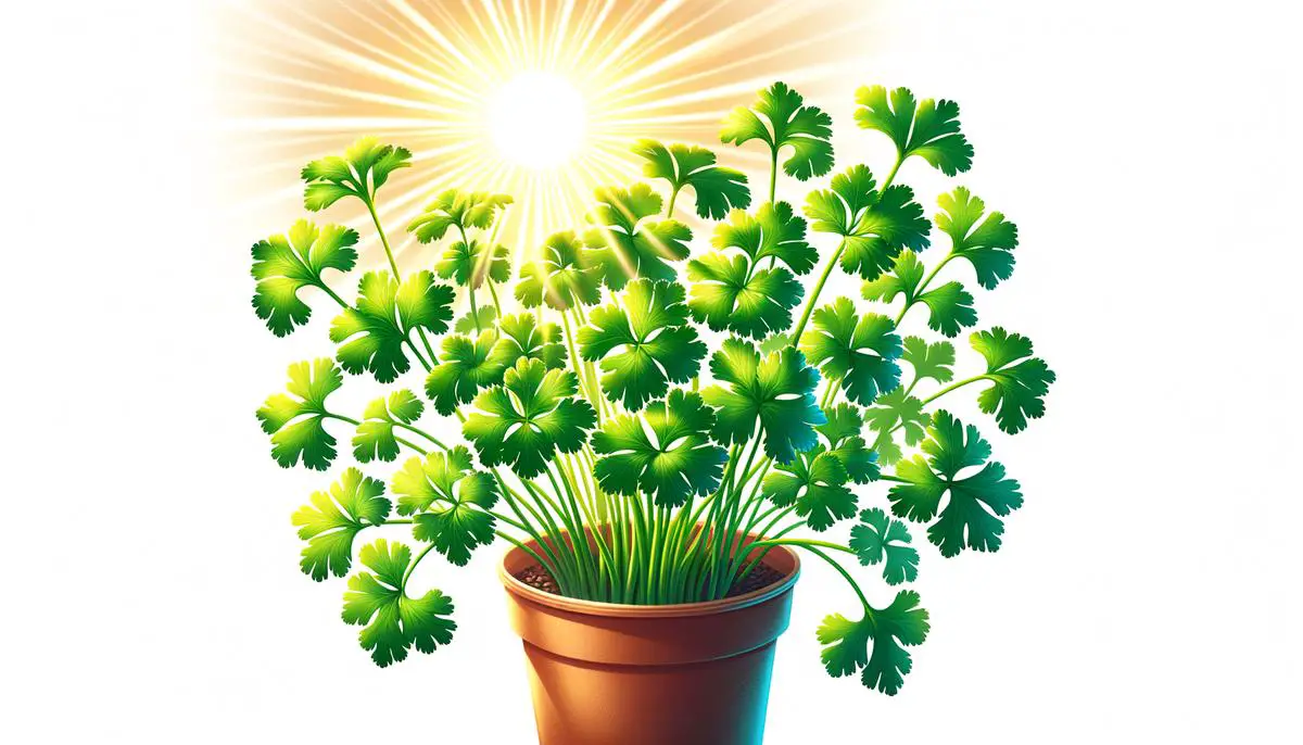 Image of cilantro plant thriving in ideal sunlight. Avoid using words, letters or labels in the image when possible.
