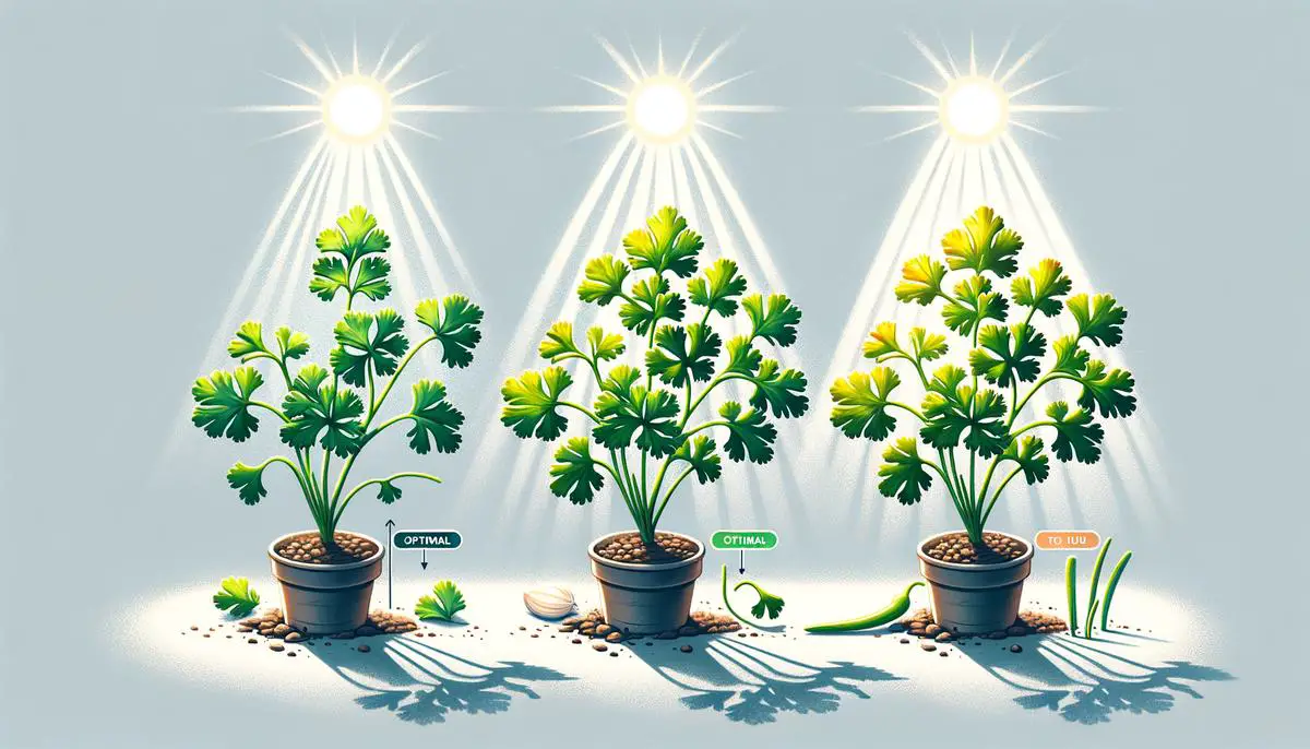 Image of cilantro leaves under different sunlight conditions, showing the effects of too much and too little sunlight on the plant. Avoid using words, letters or labels in the image when possible.