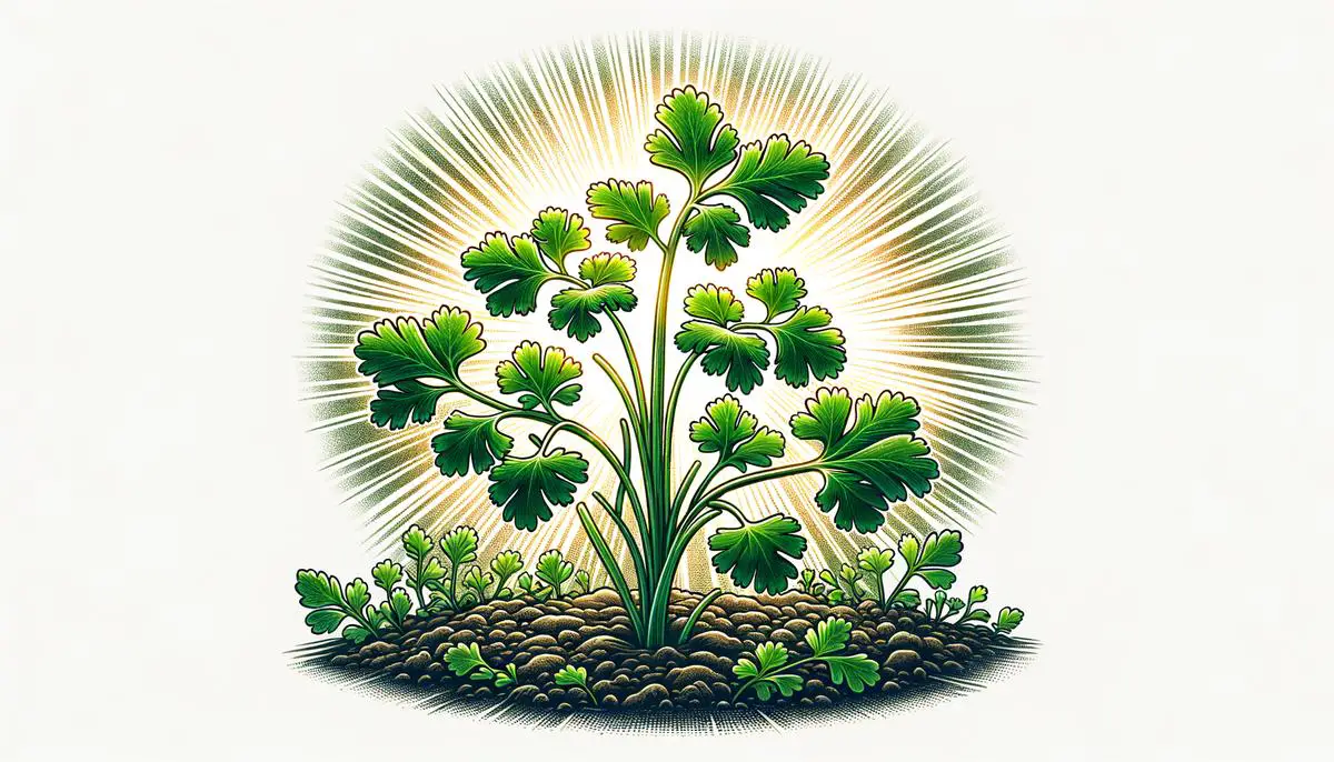 Image of a thriving cilantro plant receiving perfect sunlight for its growth. Avoid using words, letters or labels in the image when possible.