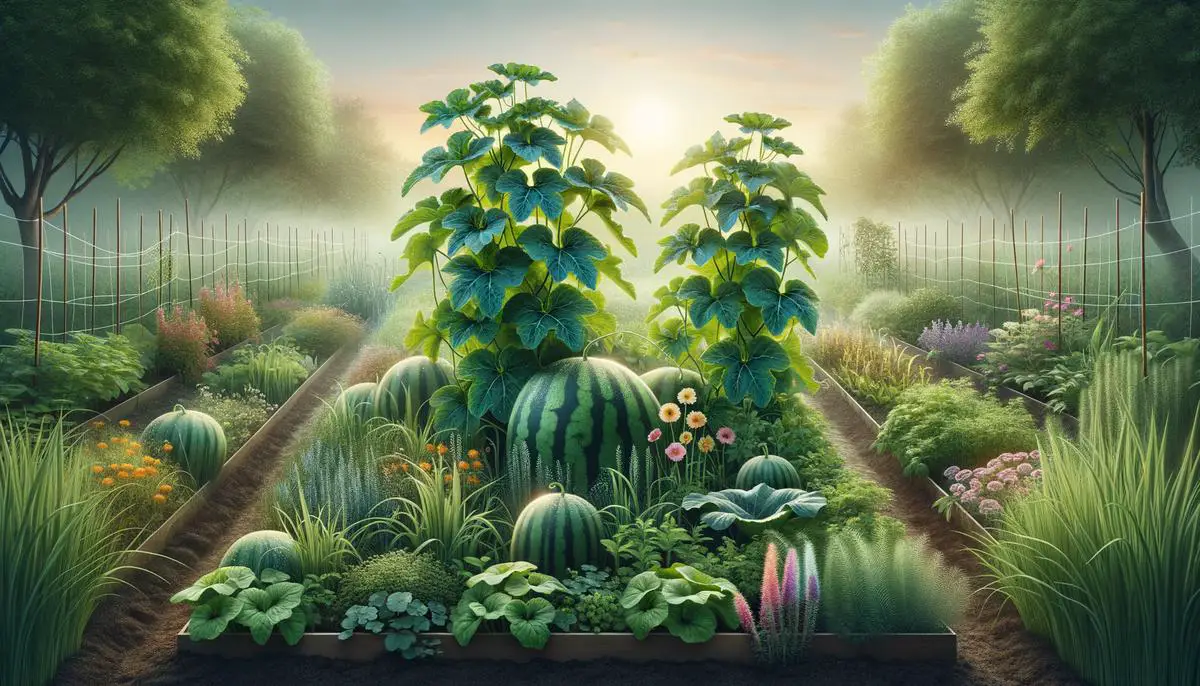 An image showing various companion plants growing alongside watermelon vines in a garden setting, promoting a healthy and sustainable gardening practice.
