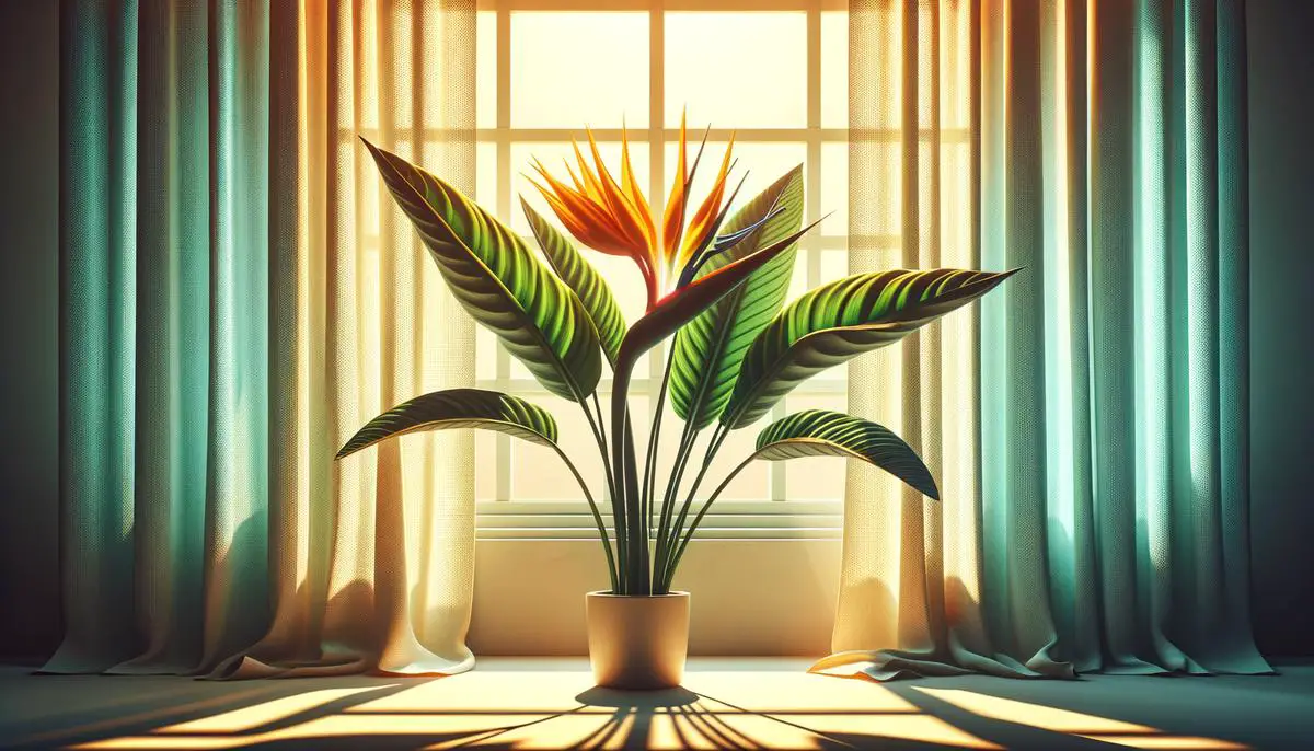 A Bird of Paradise plant positioned near a bright window with sheer curtains, allowing filtered sunlight to reach the plant.