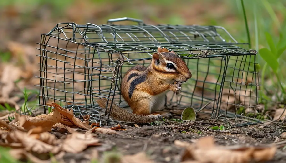 A humane live trap set up to capture a chipmunk for relocation