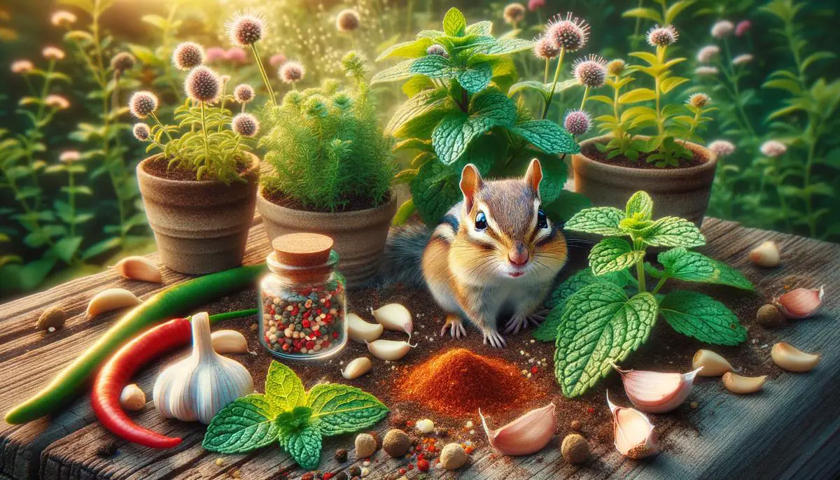 Peppermint, cayenne pepper, and garlic cloves used as natural repellents for chipmunks in a garden