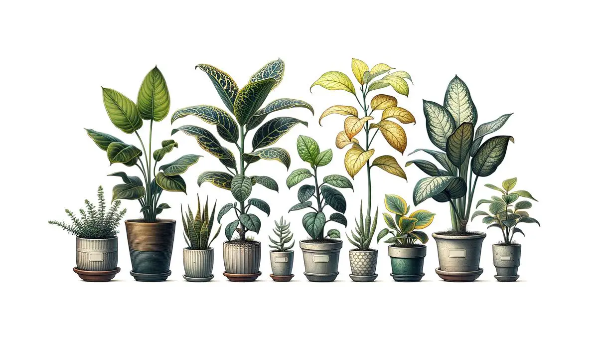 A variety of houseplants in different pots, some with droopy leaves, crispy edges, and yellowing leaves, symbolizing different watering needs