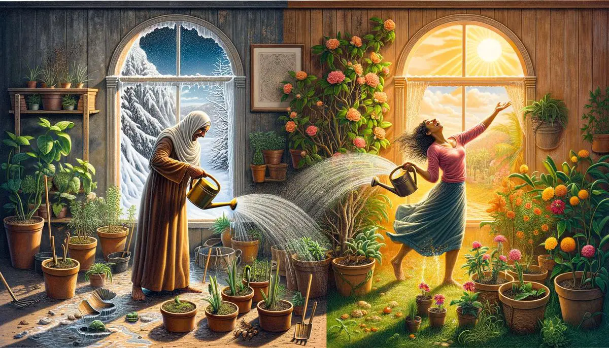 Potted plants being watered with a watering can