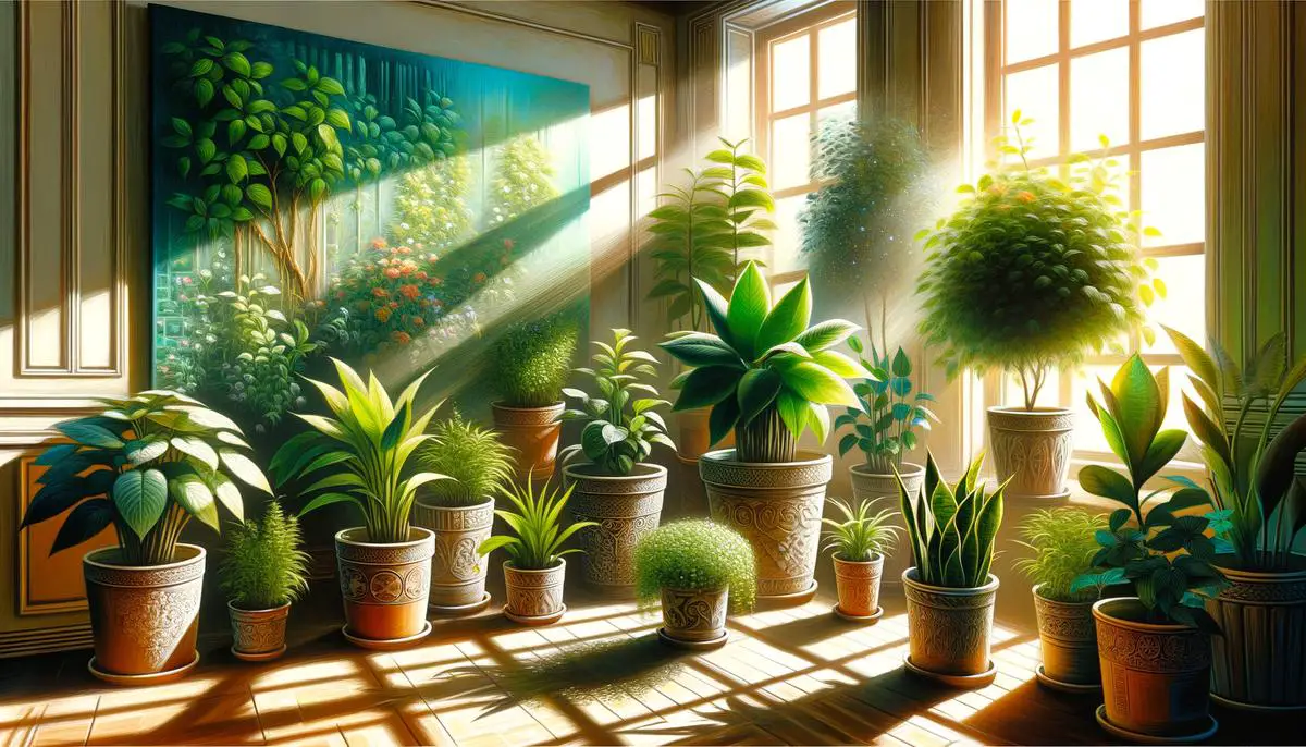 A realistic image showing various houseplants in pots with different sizes and shapes, some with water droplets on the leaves, placed in a well-lit room.