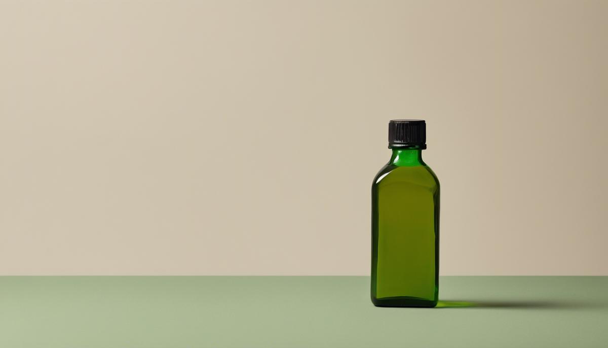 A glass bottle of neem oil with a green label