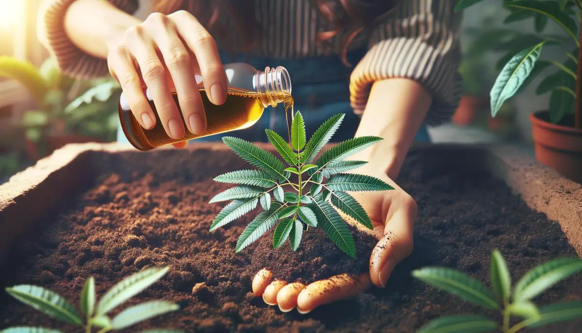A person pouring a neem oil mixture onto the soil around a plant
