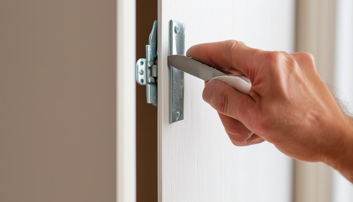A person using a putty knife to gently push up on the top pivot bracket of a folding closet door.