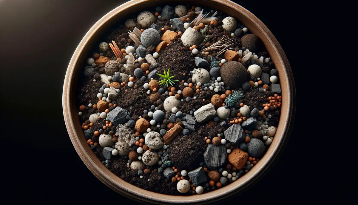 A close-up view of a well-draining potting soil mix containing perlite, sand, and organic matter.