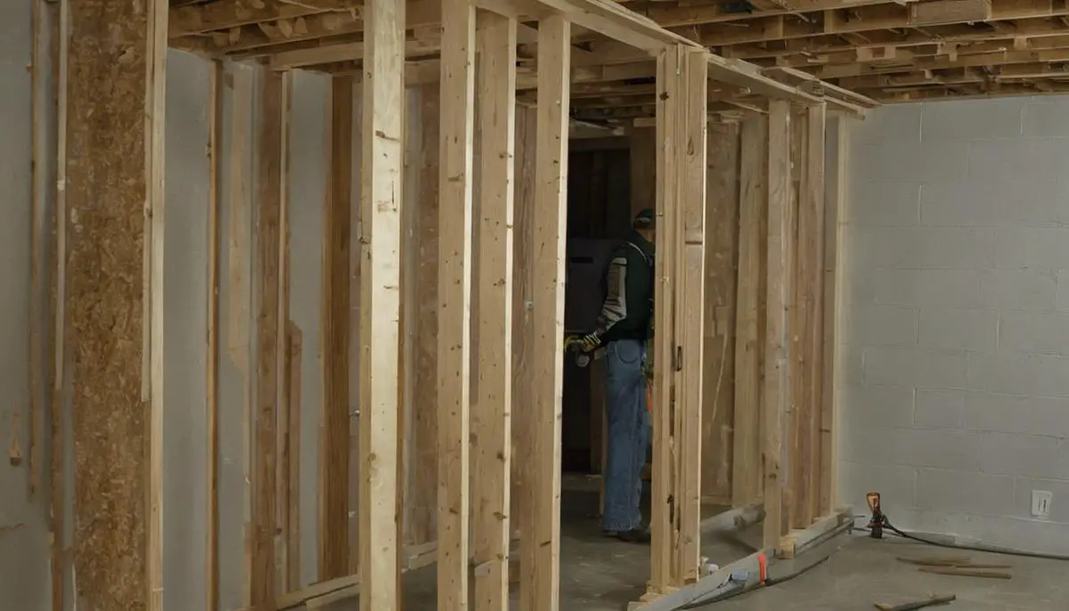 Pressure-treated wood being used to frame a wall in a basement