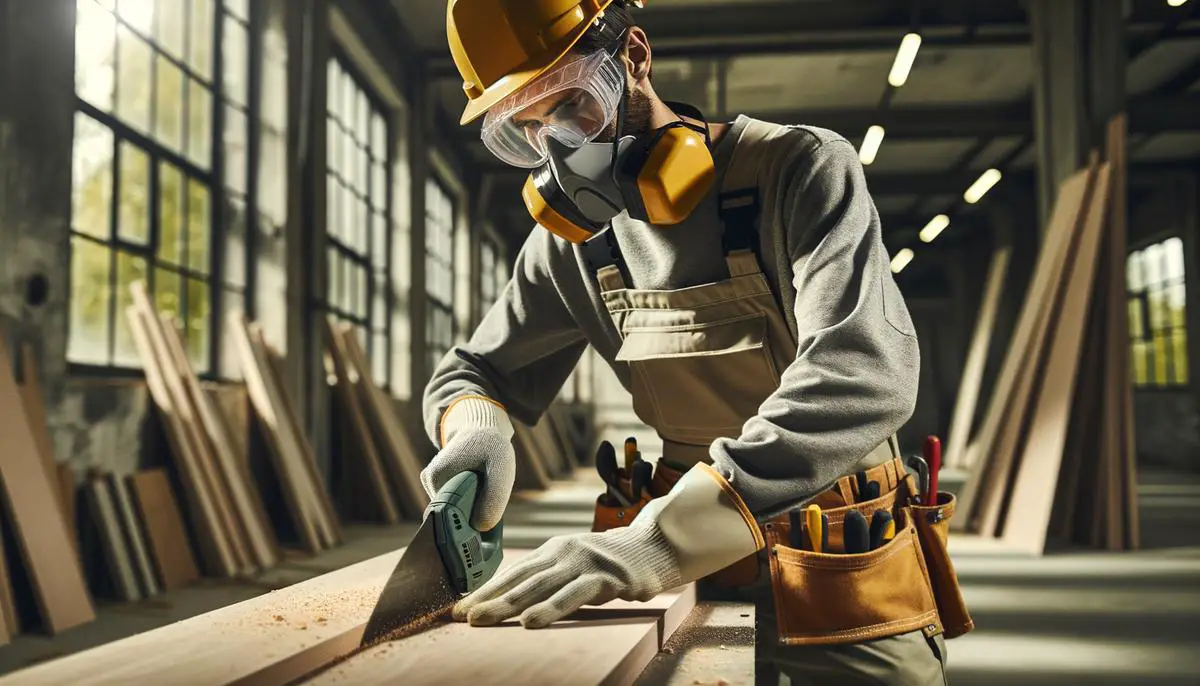 A person wearing personal protective equipment while cutting pressure-treated wood