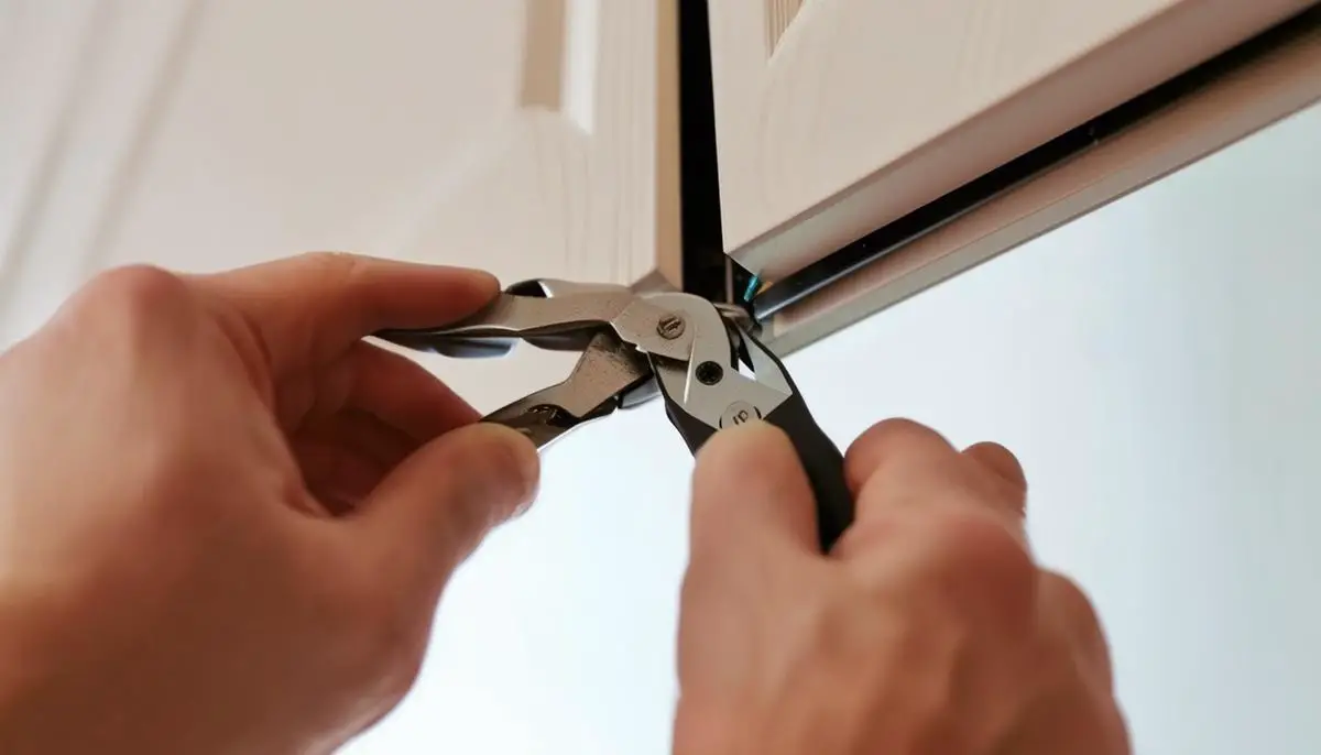 A person using pliers to carefully turn and loosen the bottom pivot of a folding closet door.