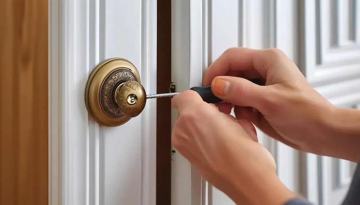 A person using a screwdriver to remove a door knob from a folding closet door.