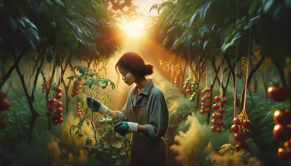 A realistic image of a person pruning a tomato plant in a garden