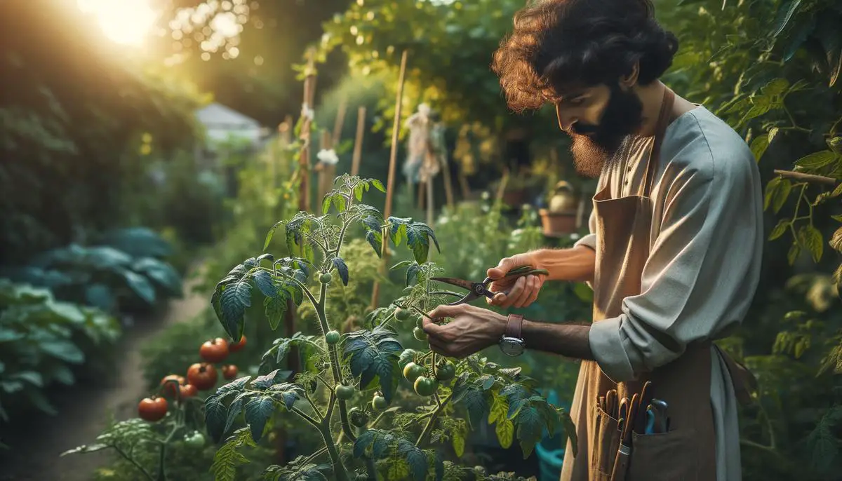A realistic image of a gardener trimming a tomato plant in a garden