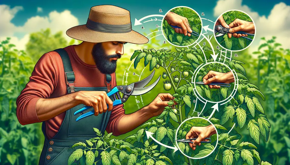 A realistic image of a person using pruning shears to trim a tomato plant in a garden
