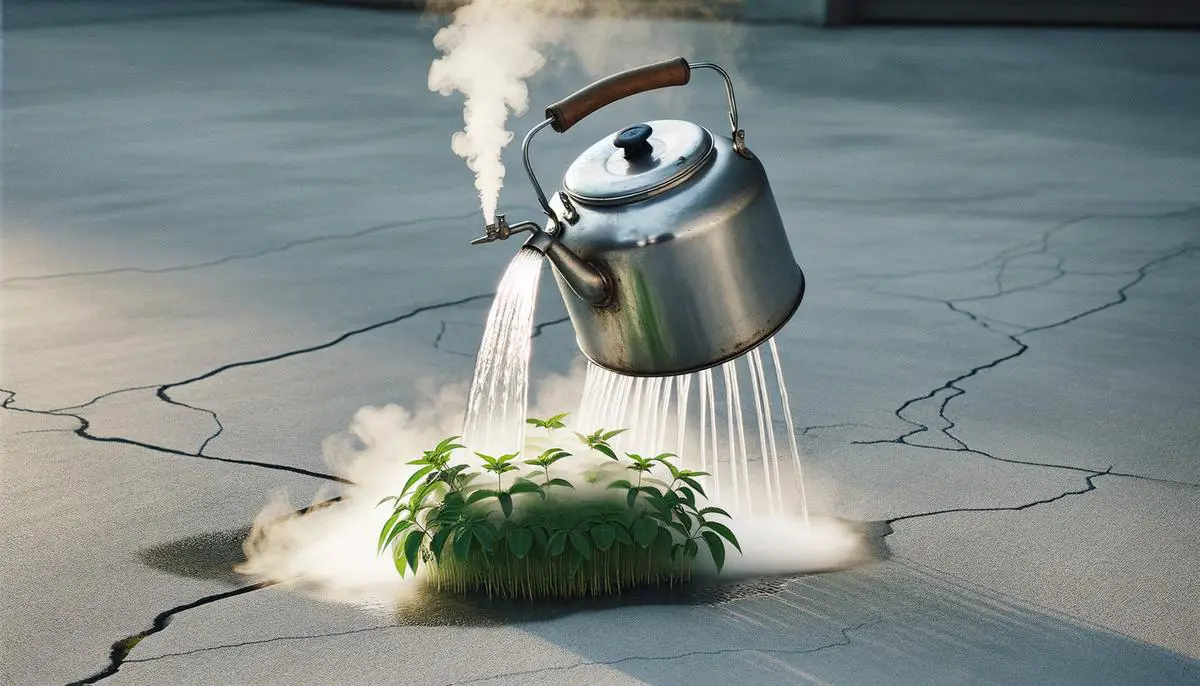 Pouring boiling water from a kettle directly onto weeds growing in cracks of a concrete driveway