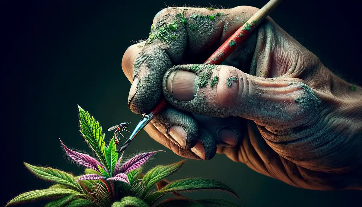 Close-up of a gardener's hand using a small paintbrush to carefully apply herbicide to a weed growing near a flower