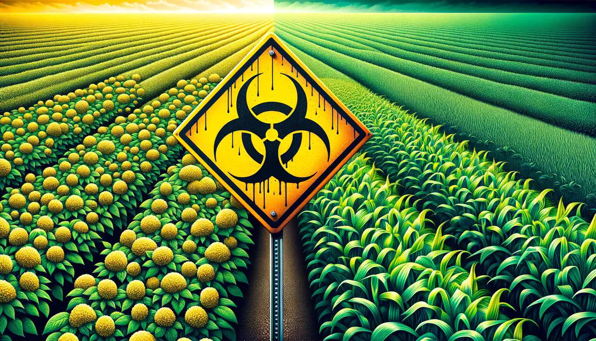 Split image with one half showing a thriving crop field and the other half showing a 'DANGER' sign, representing the controversy around glyphosate use