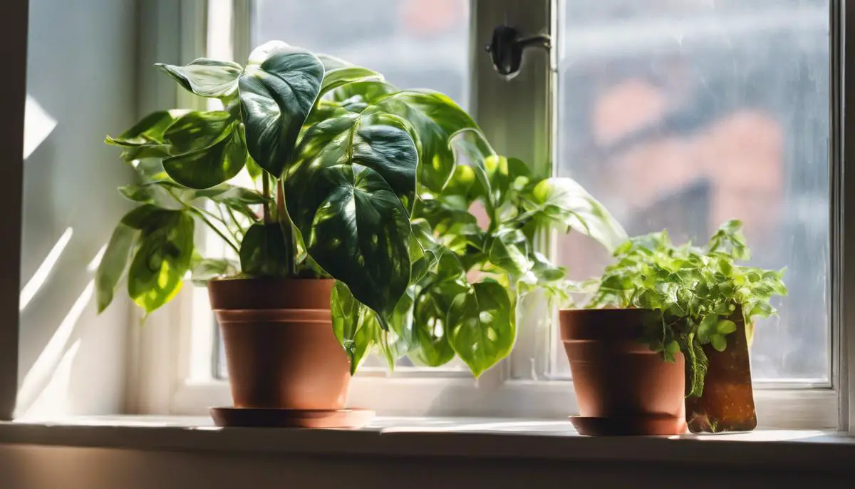 A thriving houseplant situated near an east-facing window, receiving bright, indirect light.