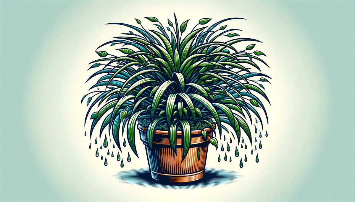 A healthy spider plant with vibrant green leaves cascading down, sitting in a well-draining pot with soil at the perfect moisture level