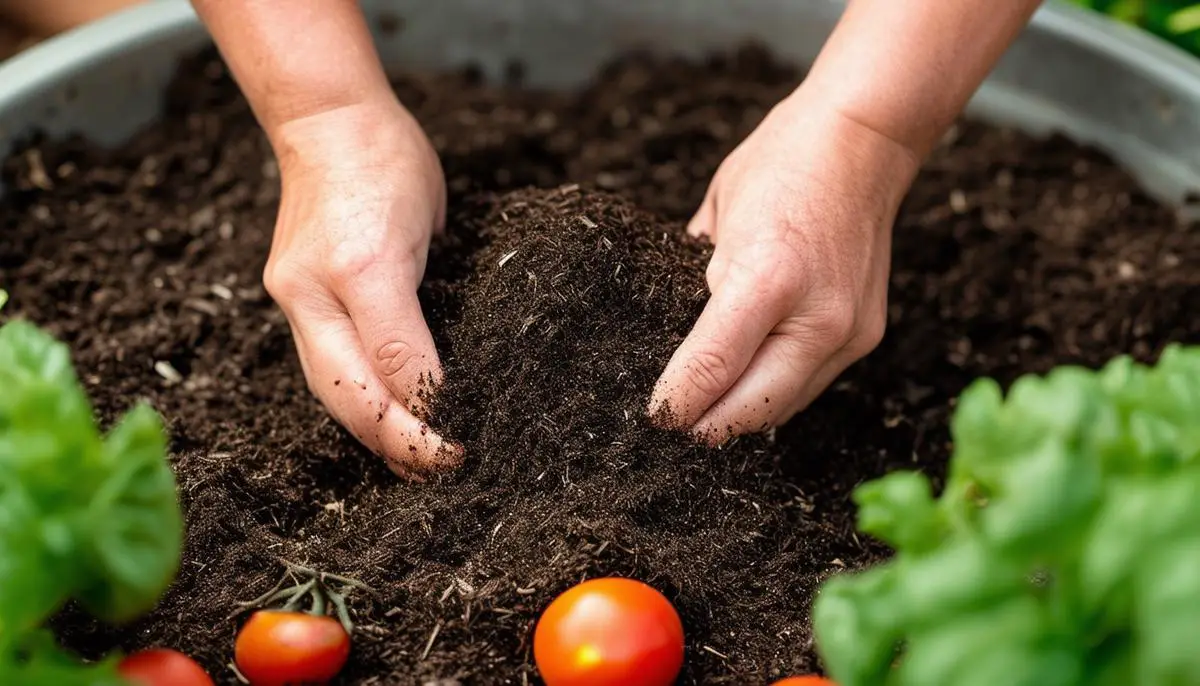 A person's hands mixing compost into garden soil, demonstrating how to prepare and use compost for growing healthy tomato plants.