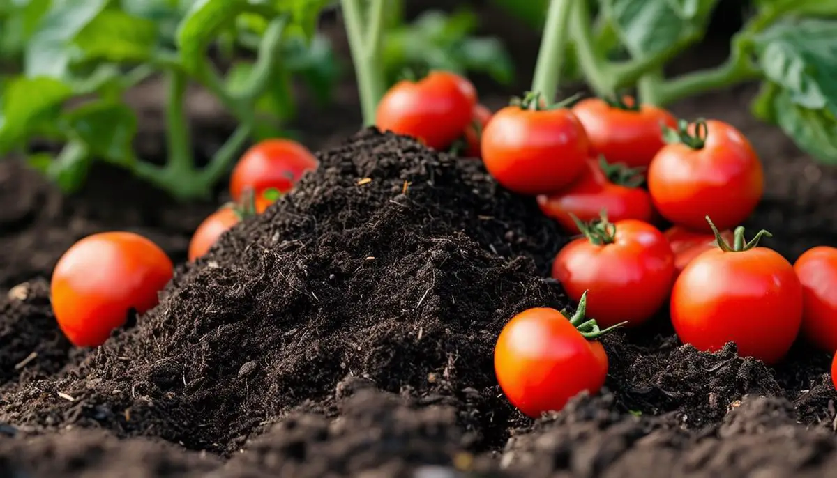 A pile of rich, dark compost with a few ripe tomatoes scattered around it, illustrating the benefits of compost for growing healthy tomato plants.