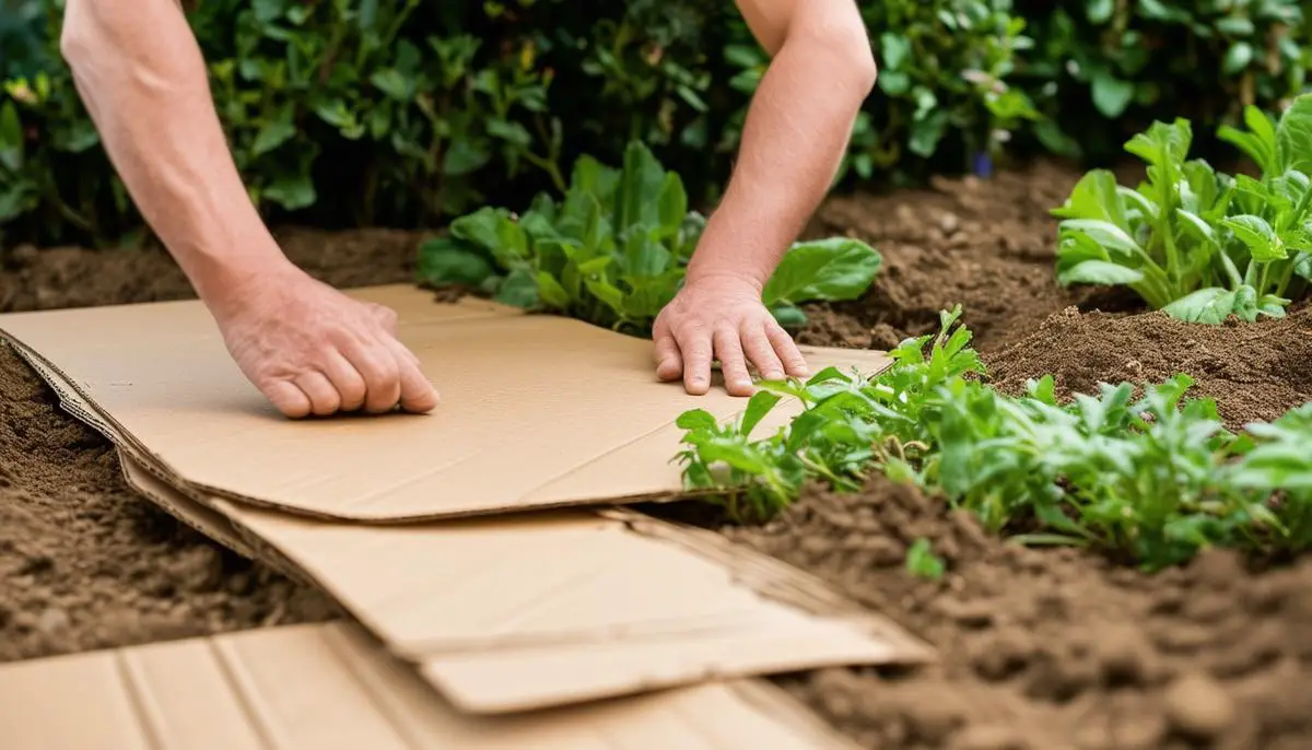 Hands placing sheets of cardboard on a garden bed as a weed control layer