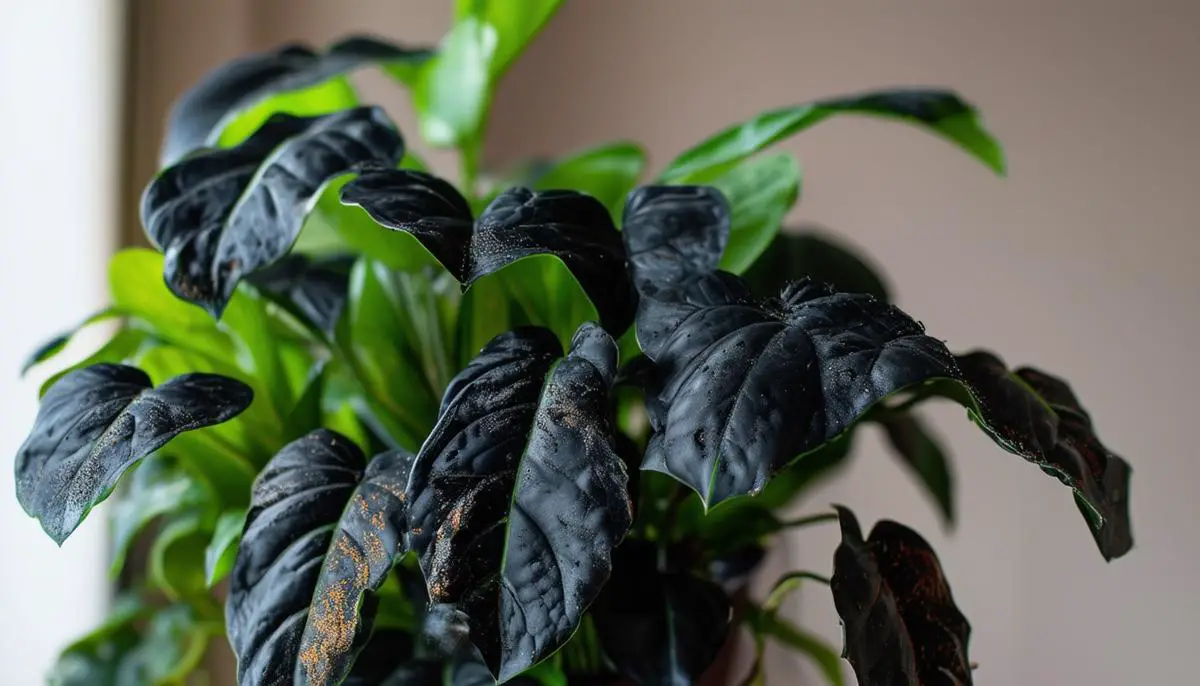 Houseplant with black leaves due to overwatering and fungal infection