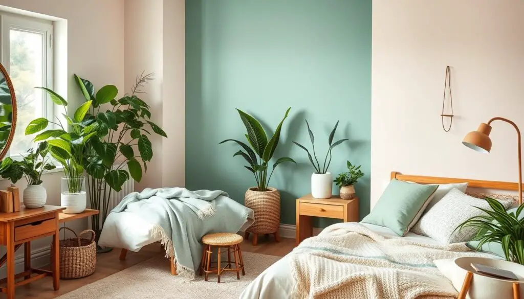 Cozy bedroom with a mix of muted pastel colors, featuring a subtle accent wall in soft teal, warm wooden furniture, lush indoor plants, and textured textiles like cushions and throw blankets, creating a serene and inviting atmosphere.