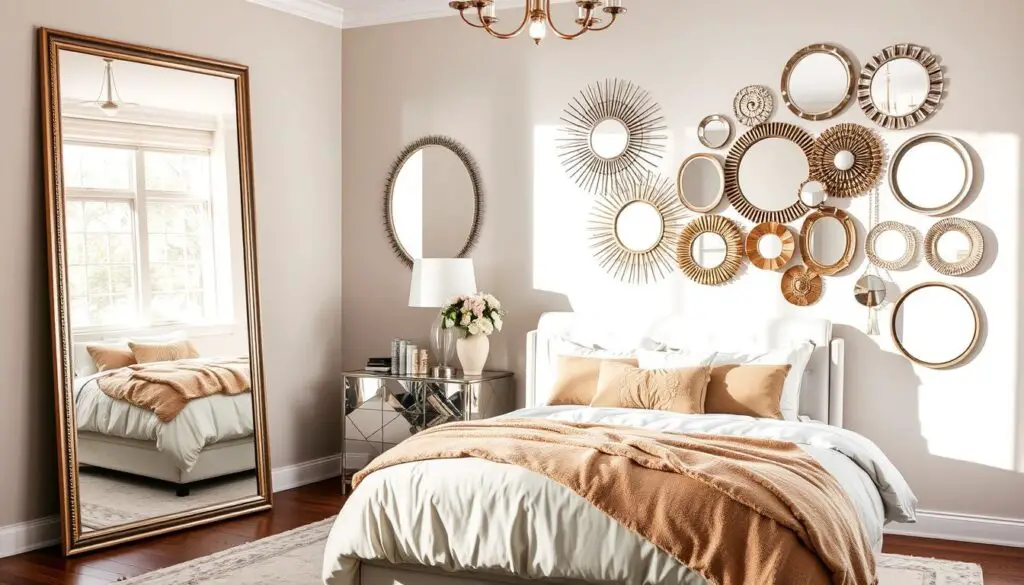 A beautifully styled bedroom featuring various mirror placements; a large floor mirror reflecting natural light from a window, a decorative wall-mounted mirror above a chic bedside table, and a cluster of smaller mirrors arranged artistically on one wall, showcasing an elegant and spacious atmosphere with soft color tones, cozy bedding, and stylish decor elements.