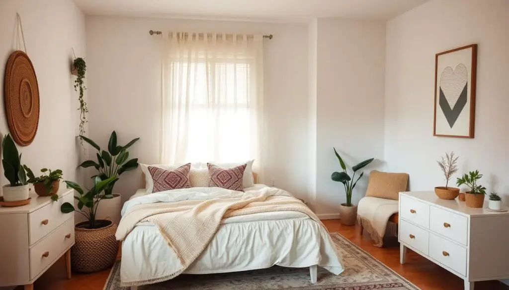 Cozy bedroom transformation featuring a light color palette, minimalist furniture, boho-chic decor elements, soft textiles like cushions and throws, indoor plants for freshness, a stylish rug, and wall art that enhances the space, all portrayed in a warm and inviting atmosphere.