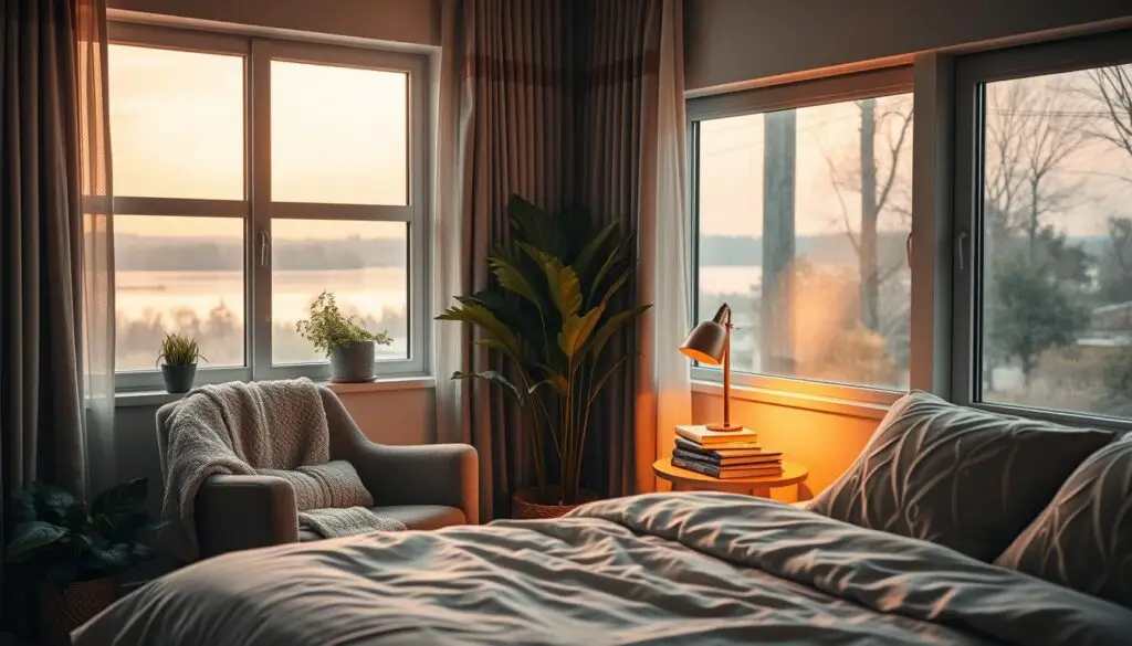 Cozy bedroom reading corner with a plush armchair, soft throw blanket, and a small side table stacked with books, warm ambient lighting from a stylish lamp, indoor plants, and a large window showcasing a serene outdoor view.