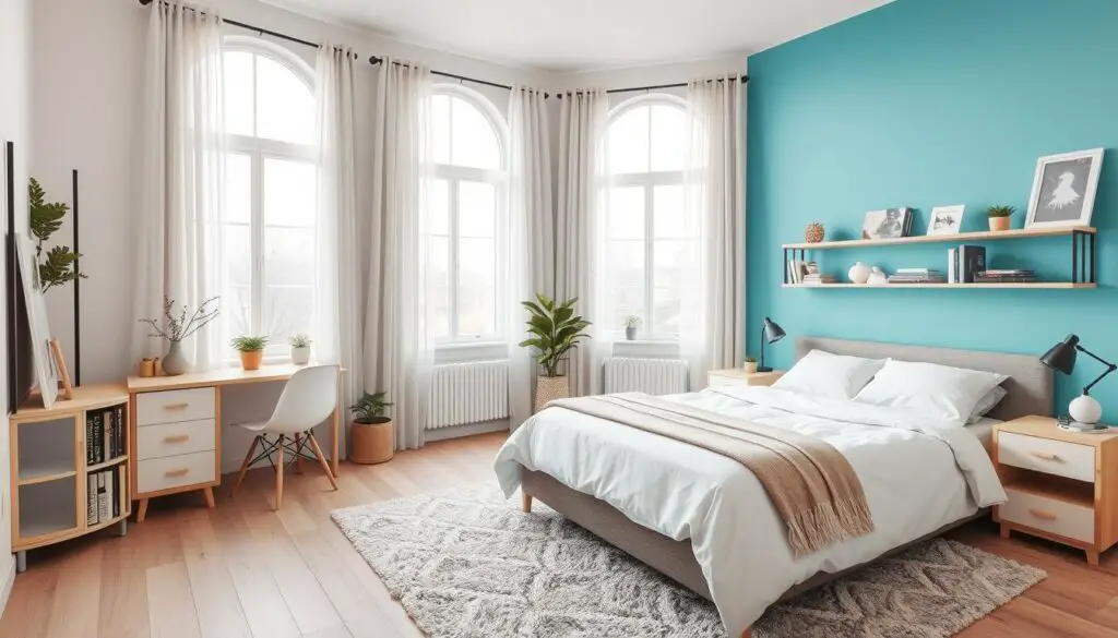 Cozy bedroom layout featuring a queen-sized bed against a bright accent wall, multifunctional furniture such as a nightstand with storage, a small desk in the corner, and minimalistic shelves displaying plants and decor, large windows with sheer curtains allowing natural light, soft color palette with light wood flooring and plush area rug.