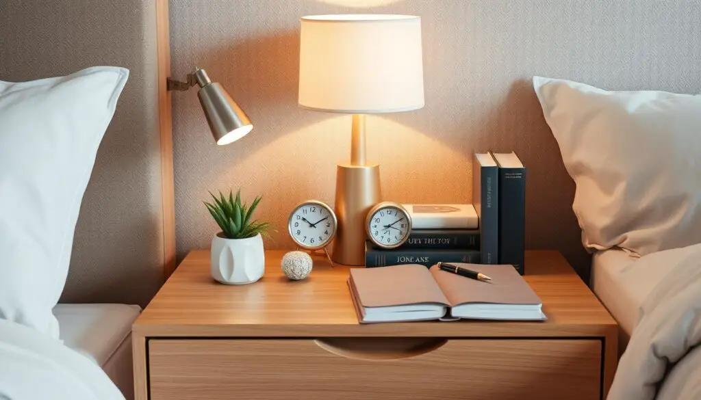 A beautifully styled bedroom nightstand, featuring a minimalist design with a sleek wooden surface, a chic lamp with a soft glow, decorative items like a small plant and a stylish clock, neatly organized books and a cozy journal, a touch of warmth with a plush fabric texture in the background, subtle color palette of muted tones and natural materials.