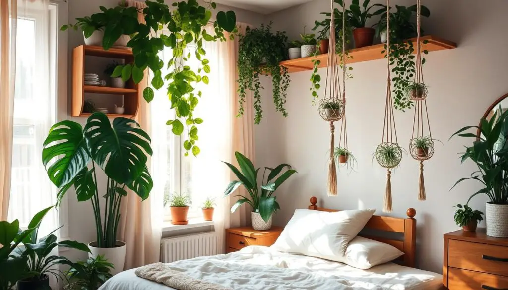 A cozy bedroom filled with various indoor plants, lush greenery spilling from shelves and window sills, a large leafy monstera beside a sunlit window, delicate spider plants hanging in macrame holders, soft natural light filtering through sheer curtains, wooden furniture accents, a neutral color palette with earthy tones, a calming atmosphere of tranquility and nature.