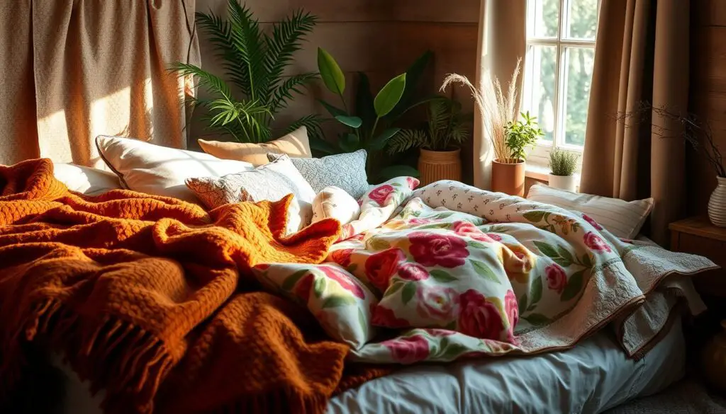 A cozy bedroom scene featuring a mix of seasonal textiles, including warm autumnal blankets, soft winter throws, vibrant spring floral bedspread, and light summer linens, with decorative pillows in various textures and patterns, natural light streaming through a window illuminating the fabric details, plants in the background for a touch of nature.