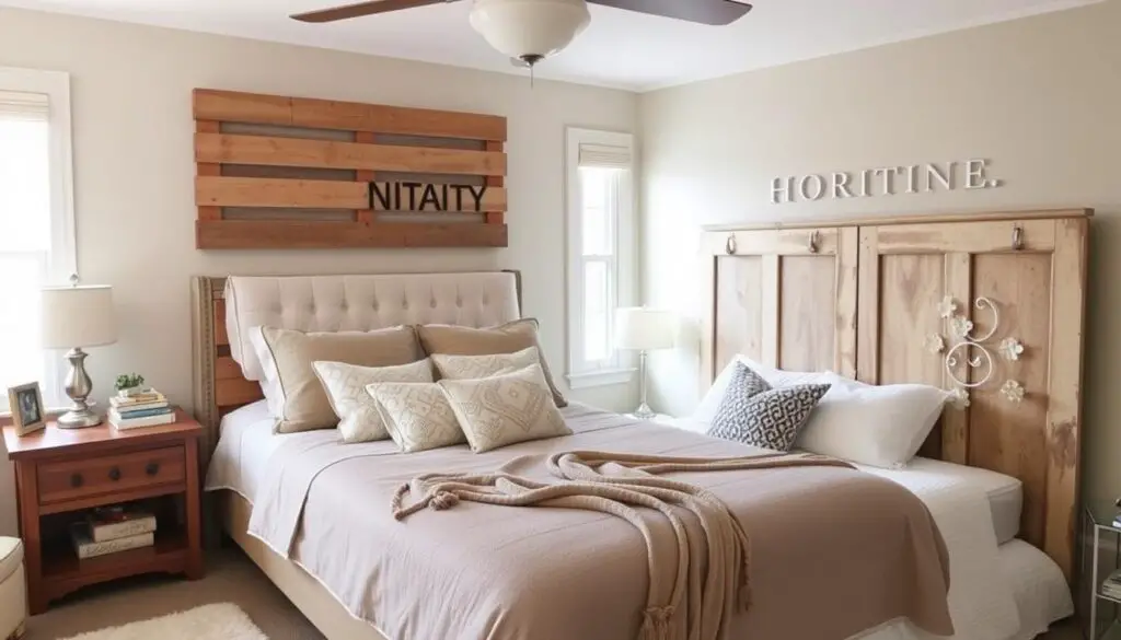 Cozy bedroom with a variety of DIY headboard designs, showcasing a wooden pallet headboard, a tufted fabric headboard, a painted canvas headboard, and a reclaimed door headboard, all under $50, with soft lighting and warm colors, emphasizing a homey atmosphere.