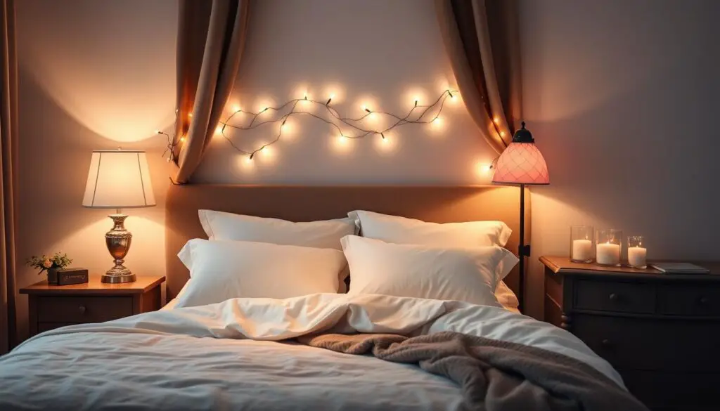 A cozy bedroom featuring soft ambient lighting, elegant bedside lamps, twinkling fairy lights around a headboard, warm light from a floor lamp, and candles on a dresser, with plush bedding and calming color palette.