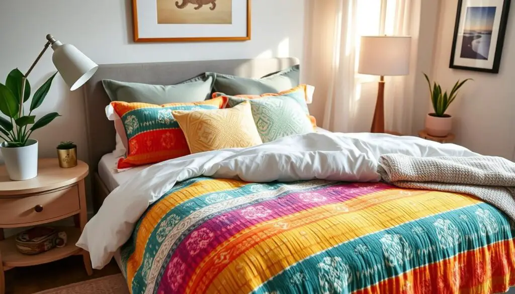 A cozy bedroom scene featuring a beautifully made bed with an eye-catching affordable bedding set, showcasing vibrant yet harmonious colors and patterns, layered with plush throw pillows and a soft, textured blanket. The room is softly lit with warm natural light, highlighting decorative elements like a stylish bedside table, a potted plant, and framed artwork on the walls, creating an inviting and refreshing atmosphere.