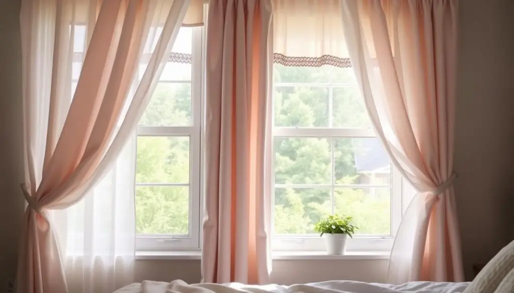 A cozy bedroom scene featuring a window with affordable, stylish curtains in soft pastel colors, complemented by DIY window treatments like fabric panels and decorative trim. Include natural light streaming through the curtains, casting gentle shadows, and a small potted plant on the windowsill to enhance the inviting atmosphere.